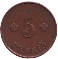 Монета 5 пенни. 1921 год, Финляндия. Монета 5 пенни. 1921 год, Финляндия.
