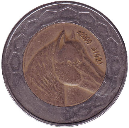 Монета 100 динаров. 2000 год, Алжир. Лошадь.