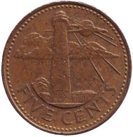 Монета 5 центов. 1991 год, Барбадос. Маяк. Монета 5 центов. 1991 год, Барбадос. Маяк.