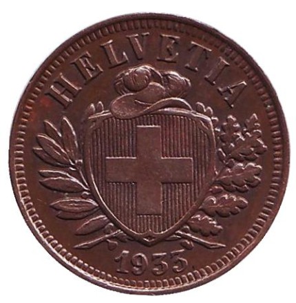 Монета 2 раппена. 1933 год, Швейцария. aUNC. Монета 2 раппена. 1933 год, Швейцария. aUNC.