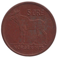 Монета 5 эре. 1970 год, Норвегия. Лось. Монета 5 эре. 1970 год, Норвегия. Лось.