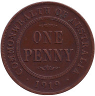 Монета 1 пенни. 1919 год, Австралия. (Точка под нижним свитком) Монета 1 пенни. 1919 год, Австралия. (Точка под нижним свитком)