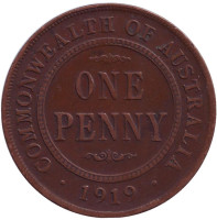 Монета 1 пенни. 1919 год, Австралия. (Точка под нижним свитком)