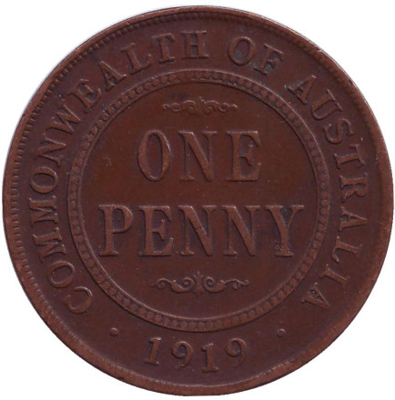 Монета 1 пенни. 1919 год, Австралия. (Точка под нижним свитком)