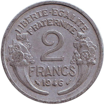 Монета 2 франка. 1946 год, Франция.
