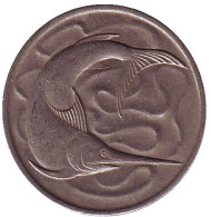 Монета 20 центов. 1969 год. Сингапур. Рыба-меч. Монета 20 центов. 1969 год. Сингапур. Рыба-меч.