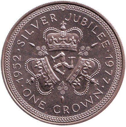 Монета 1 крона. 1977 год, Остров Мэн. 25 лет правления Королевы Елизаветы II. Герб.