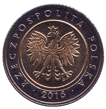 Монета 5 злотых. 2016 год, Польша.
