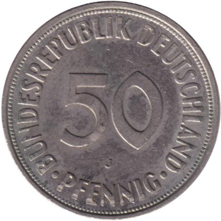 Монета 50 пфеннигов. 1974 (J) год, ФРГ. Женщина, сажающая дуб. Монета 50 пфеннигов. 1974 (J) год, ФРГ. Женщина, сажающая дуб.