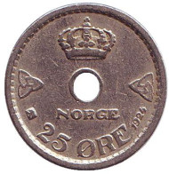 Монета 25 эре. 1924 год, Норвегия. Монета 25 эре. 1924 год, Норвегия.