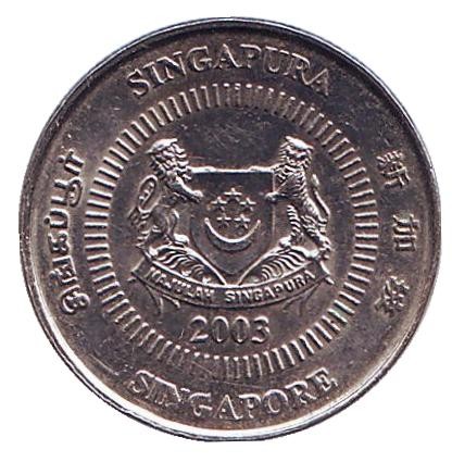 Монета 10 центов. 2003 год, Сингапур. Жасмин. Монета 10 центов. 2003 год, Сингапур. Жасмин.