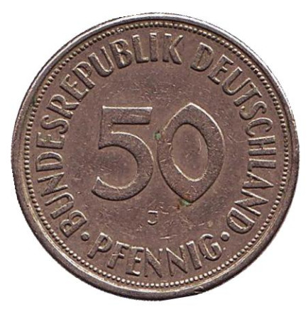 Монета 50 пфеннигов. 1969 (J) год, ФРГ. Женщина, сажающая дуб. Монета 50 пфеннигов. 1969 (J) год, ФРГ. Женщина, сажающая дуб.