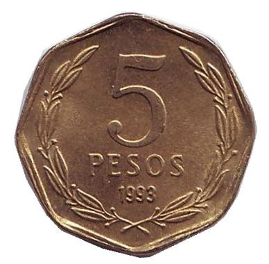 Монета 5 песо. 1993 год, Чили. Бернардо О’Хиггинс.