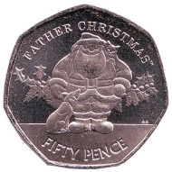 Монета 50 пенсов. 2019 год, Гибралтар. Дед Мороз и его собака. Рождество. Монета 50 пенсов. 2019 год, Гибралтар. Дед Мороз и его собака. Рождество.