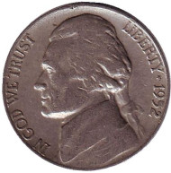 Монета 5 центов. 1952 год (S), США. Джефферсон. Монтичелло. Монета 5 центов. 1952 год (S), США. Джефферсон. Монтичелло.