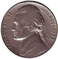 Джефферсон. Монтичелло. Монета 5 центов. 1952 год (S), США.