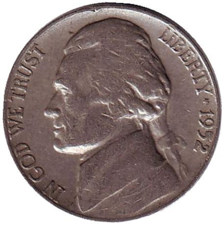 Монета 5 центов. 1952 год (S), США. Джефферсон. Монтичелло.