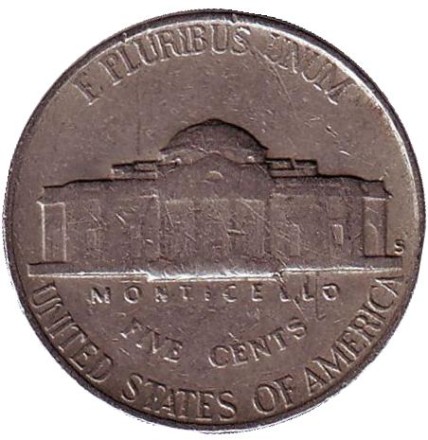 Монета 5 центов. 1952 год (S), США. Джефферсон. Монтичелло. Монета 5 центов. 1952 год (S), США. Джефферсон. Монтичелло.