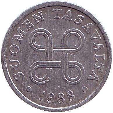 Монета 5 пенни. 1988 год, Финляндия.