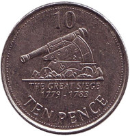 Монета 10 пенсов. 2013 год, Гибралтар. Большая осада Гибралтара. Пушка.