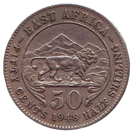 Монета 50 центов. 1948 год, Восточная Африка. Лев.