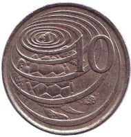 Монета 10 центов. 1982 год, Каймановы острова. Зелёная черепаха.