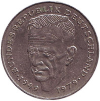 Курт Шумахер. Монета 2 марки. 1992 год (D), ФРГ.