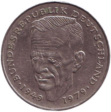 Монета 2 марки. 1992 год (D), ФРГ. Курт Шумахер.