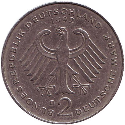 Монета 2 марки. 1992 год (D), ФРГ. Курт Шумахер. Монета 2 марки. 1992 год (D), ФРГ. Курт Шумахер.