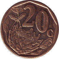Монета 20 центов. 2015 год, ЮАР. Цветок протея. Монета 20 центов. 2015 год, ЮАР. Цветок протея.