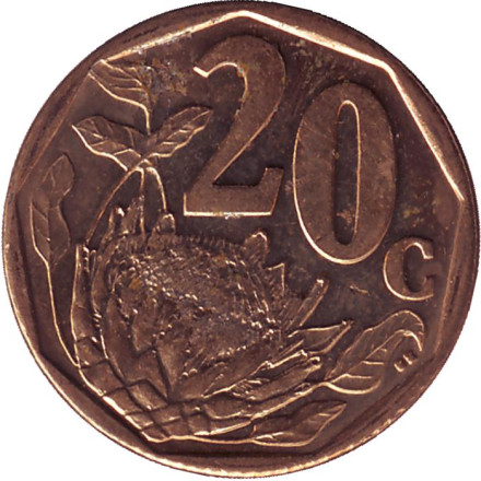 Монета 20 центов. 2015 год, ЮАР. Цветок протея.