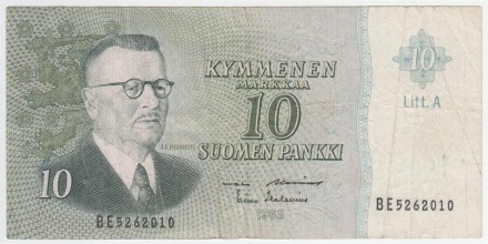 Банкнота 10 марок. 1963 год, Финляндия. Тип 104a(113). Банкнота 10 марок. 1963 год, Финляндия. Тип 104a(113).