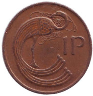 Монета 1 пенни. 1980 год, Ирландия. Птица. Ирландская арфа.