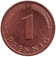 Монета 1 пфенниг. 1989 год (D), ФРГ. Дубовые листья. Монета 1 пфенниг. 1989 год (D), ФРГ. Дубовые листья.