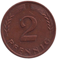 Монета 2 пфеннига. 1969 год (J), ФРГ. Дубовые листья. Монета 2 пфеннига. 1969 год (J), ФРГ. Дубовые листья.