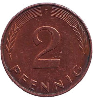 Монета 2 пфеннига. 1990 год (F), ФРГ. Дубовые листья. Монета 2 пфеннига. 1990 год (F), ФРГ. Дубовые листья.