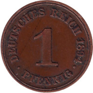 Монета 1 пфенниг. 1894 год (А), Германская империя. Монета 1 пфенниг. 1894 год (А), Германская империя.