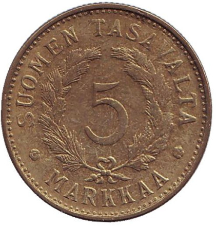 Монета 5 марок. 1952 год, Финляндия. (латунь)