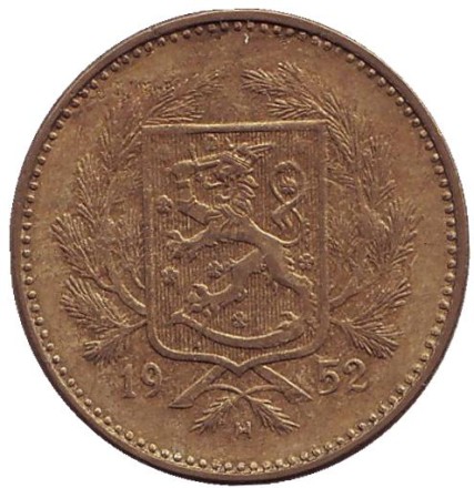 Монета 5 марок. 1952 год, Финляндия. (латунь)