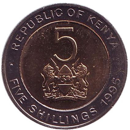Монета 5 шиллингов. 1995 год, Кения. UNC. Президент Даниэль Тороитич арап Мои. Монета 5 шиллингов. 1995 год, Кения. UNC. Президент Даниэль Тороитич арап Мои.