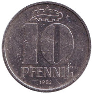 Монета 10 пфеннигов. 1982 год, ГДР. Монета 10 пфеннигов. 1982 год, ГДР.