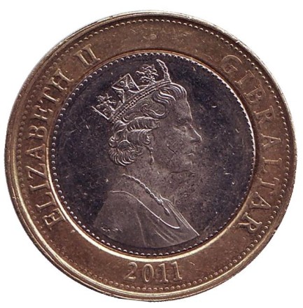 Монета 2 фунта. 2011 год, Гибралтар. Трафальгарское сражение.