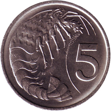 Монета 5 центов. 1972 год, Каймановы острова. Состояние - aUNC. Розово-пятнистая креветка.