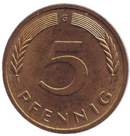 Монета 5 пфеннигов. 1988 год (G), ФРГ. Дубовые листья. Монета 5 пфеннигов. 1988 год (G), ФРГ. Дубовые листья.