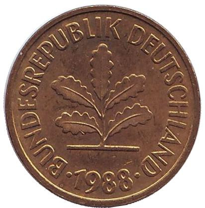 Монета 5 пфеннигов. 1988 год (G), ФРГ. Дубовые листья.