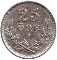 Монета 25 эре. 1937 год, Швеция. (Маленькая "G"). Монета 25 эре. 1937 год, Швеция. (Маленькая "G").