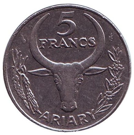 Монета 5 франков. 1989 год, Мадагаскар. Пуансеттия. Монета 5 франков. 1989 год, Мадагаскар. Пуансеттия.