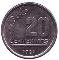Монета 20 сентесимо. 1994 год, Уругвай. Монета 20 сентесимо. 1994 год, Уругвай.