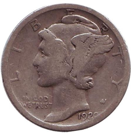 Монета 10 центов. 1920 год, США. Монетный двор "S". Меркурий.