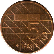 Монета 5 гульденов. 1989 год, Нидерланды. UNC.
